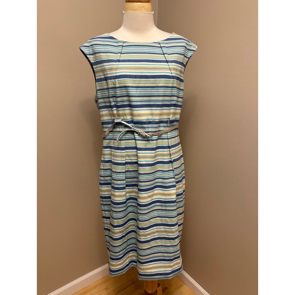 NWOT Calvin Klein Belted Striped Sheath Dress  Blue/White/Gold Sz 14